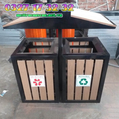 Thùng rác công viên gỗ 2 ngăn mái che và gạt tàn tiện ích