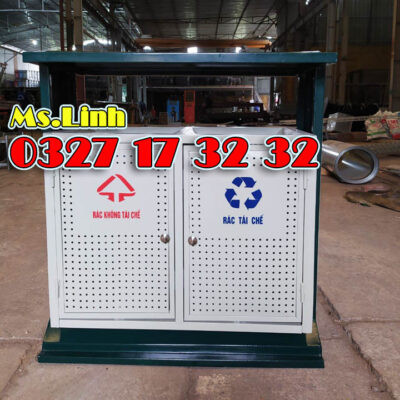 Thùng rác công viên thép 2 ngăn có mái che thẩm mỹ