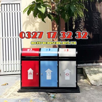 Thùng rác công viên thép sơn tĩnh điện 3 ngăn cho phân loại rác