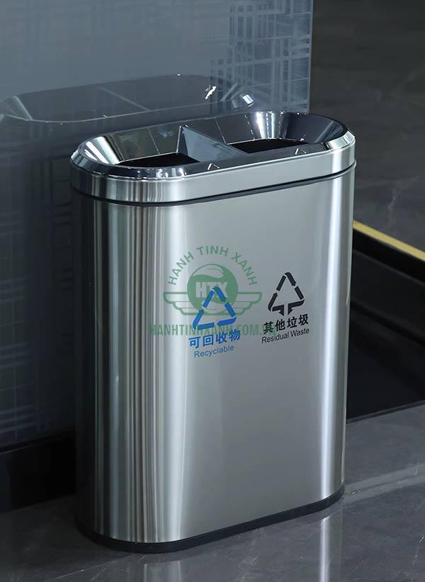 Thùng rác inox văn phòng cao cấp với thiết kế hai ngăn hiện đại, tôn vinh không gian làm việc