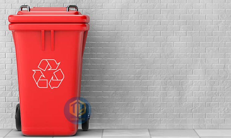 Thùng rác màu đỏ chứa các loại rác hữu cơ như vỏ rau củ và thức ăn thừa