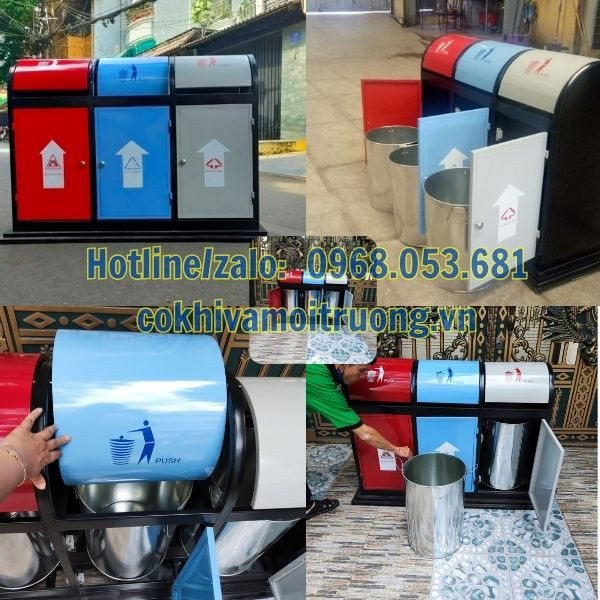 Thùng rác ngoài trời phân loại 3 ngăn bằng inox, ví dụ cho cách vẽ rác và hệ thống quản lý chất thải