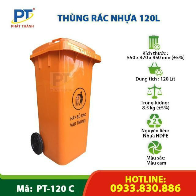 Thùng rác nhựa 120L HDPE, có nắp đậy kín đáo và 2 bánh xe cao su giúp di chuyển dễ dàng ngay cả khi thùng chứa đầy rác 