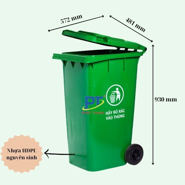 Thùng rác nhựa 120L màu xanh lá cây với kích thước tiêu chuẩn và thiết kế tiện lợi