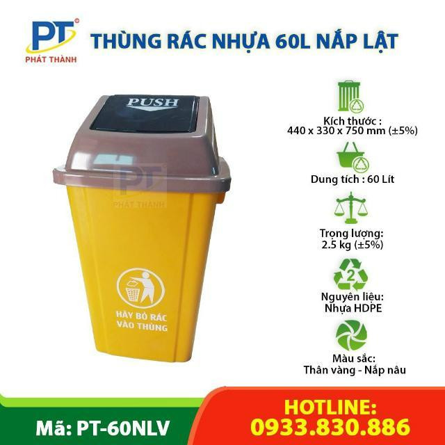 Thùng rác nhựa HDPE 60L màu vàng có nắp lật, chịu lực tốt, dùng cho y tế