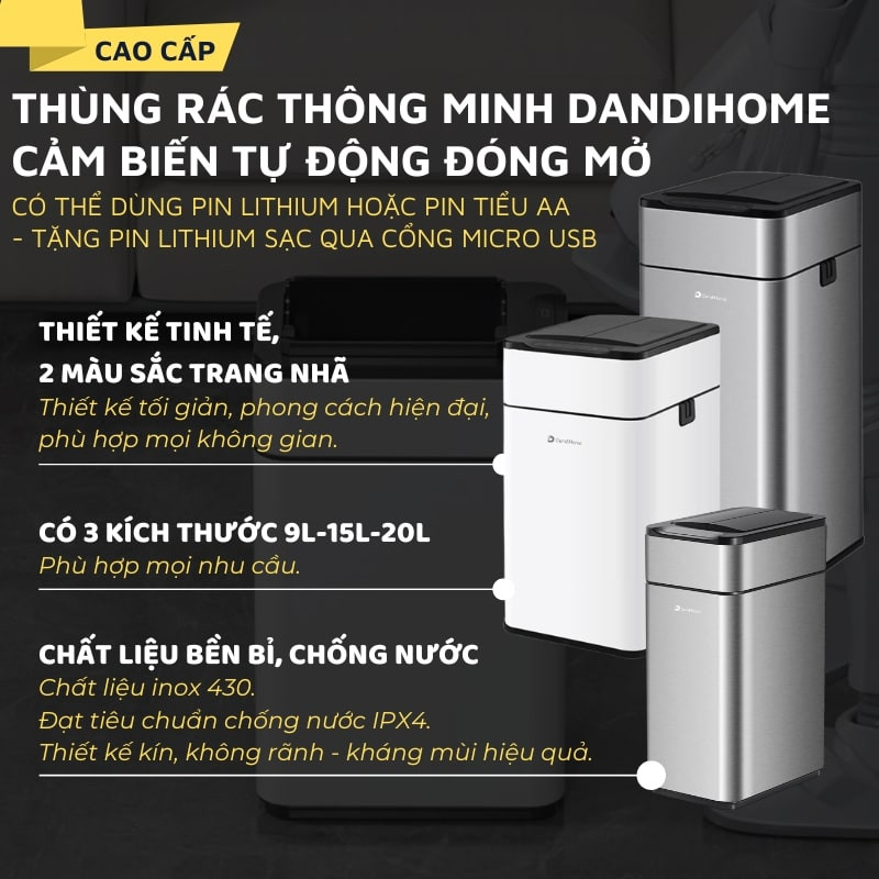 Thùng rác thông minh DandiHome màu inox với nắp cảm biến tự động đang mở, thể hiện sự tiện lợi và vệ sinh.