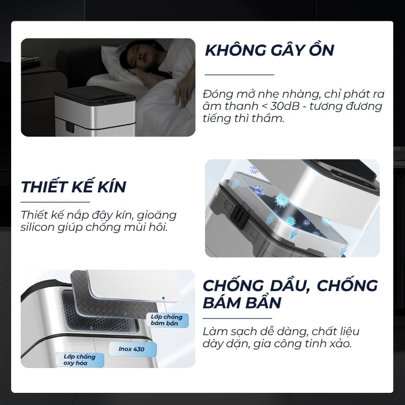 Thùng rác thông minh DandiHome màu trắng được đặt gọn gàng trong không gian bếp hiện đại, tăng tính thẩm mỹ và vệ sinh.