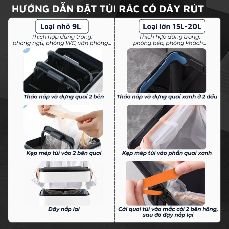 Thùng rác thông minh DandiHome với nhiều kích thước khác nhau, phù hợp cho mọi không gian từ phòng khách đến phòng ngủ.