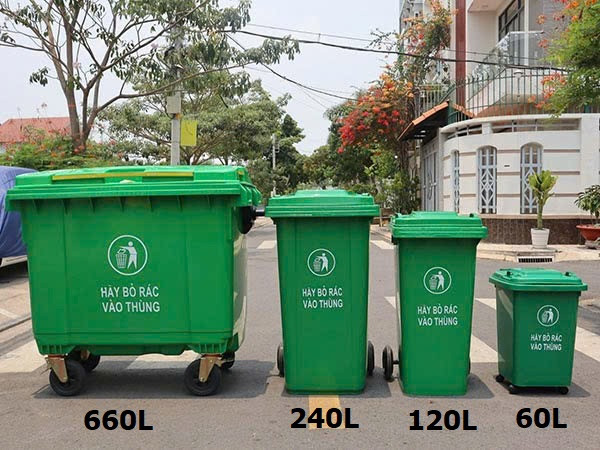 Thùng rác xanh công cộng HDPE bền bỉ, đa dạng dung tích có bánh xe tiện lợi