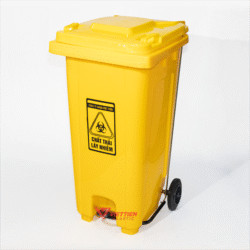thùng rác y tế 120 lít đạp chân màu vàng