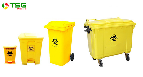 Thùng rác y tế màu vàng với biểu tượng cảnh báo, minh họa ý nghĩa của thùng rác chuyên biệt