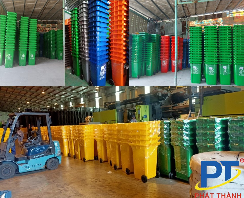 Tổng quan kho chứa các loại thùng rác lớn đa dạng, minh chứng cho sự sẵn có và lựa chọn phong phú cho khách hàng