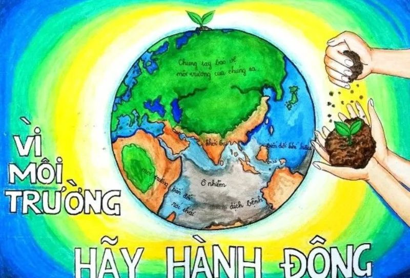 Tranh ảnh bảo vệ môi trường sáng tạo, với trái đất được tô điểm bằng màu xanh sự sống.