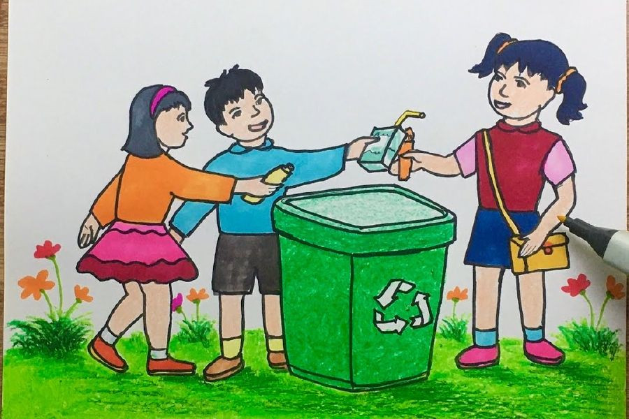 Tranh ảnh tái chế bảo vệ môi trường đơn giản, khuyến khích sáng tạo từ đồ cũ.