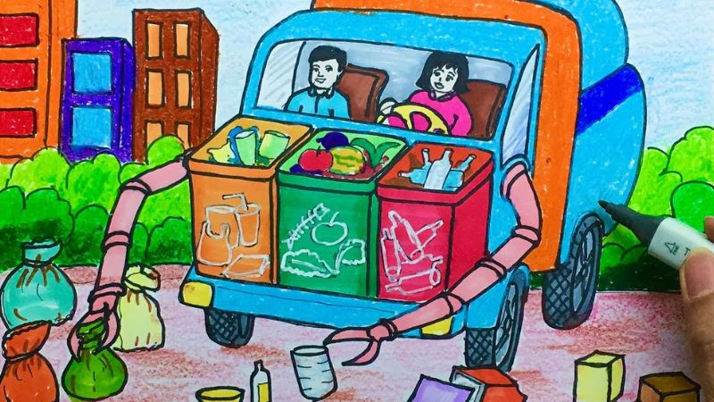 Tranh ảnh tái chế bảo vệ môi trường với thông điệp mạnh mẽ về việc giảm thiểu rác thải.