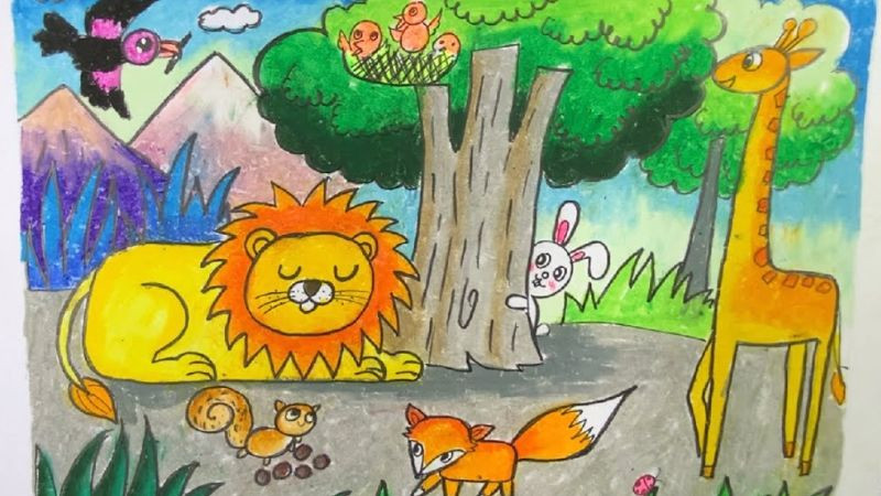 Tranh bảo vệ môi trường: các loài động vật sống hòa thuận trong rừng xanh