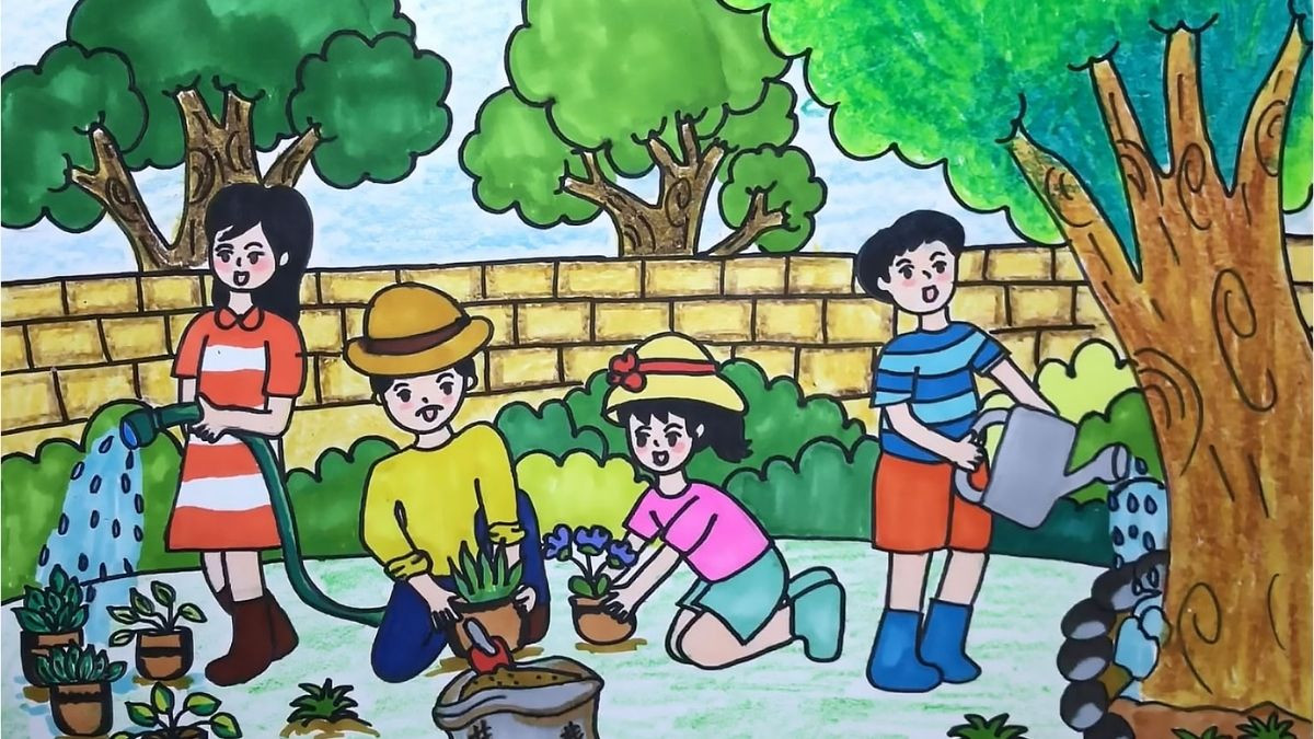Tranh vẽ bảo vệ môi trường xung quanh với hình ảnh dọn dẹp rác, chung tay vì cộng đồng