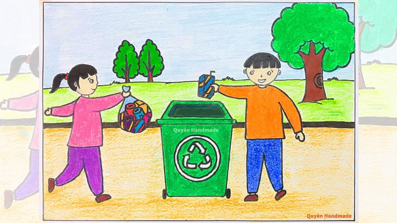 Tranh vẽ cảnh nhiều người lớn và trẻ em đang tích cực dọn dẹp rác thải, mang lại môi trường xanh sạch