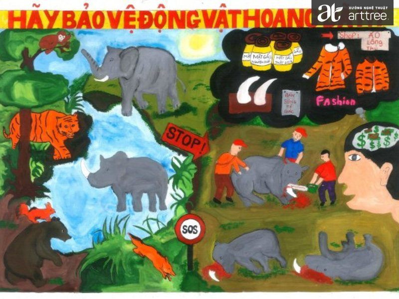 Tranh vẽ học sinh bảo vệ môi trường kêu gọi bảo vệ động vật hoang dã khỏi nạn săn bắn trái phép