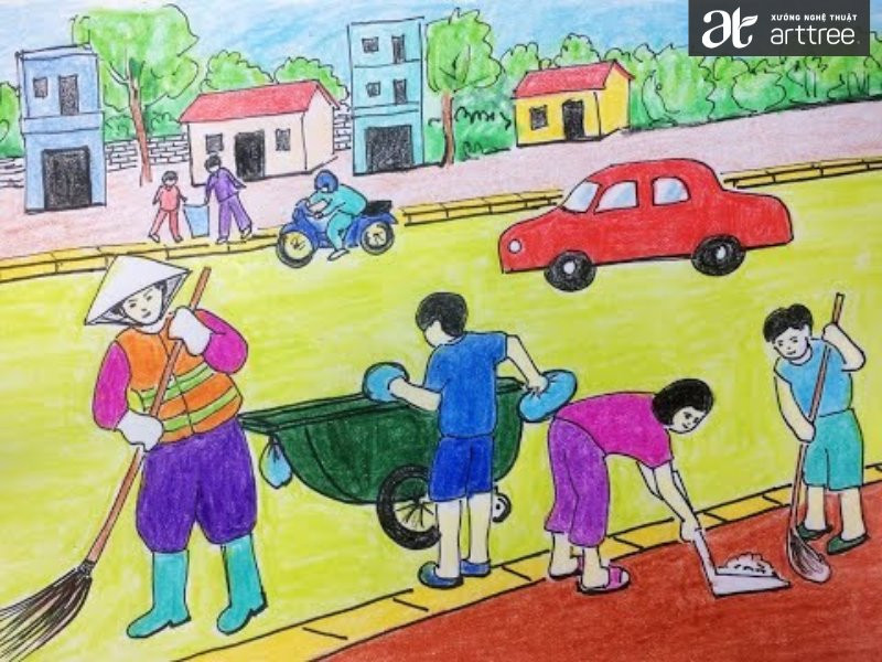 Tranh vẽ học sinh bảo vệ môi trường thể hiện cảnh các em nhỏ và người lớn cùng dọn dẹp đường phố