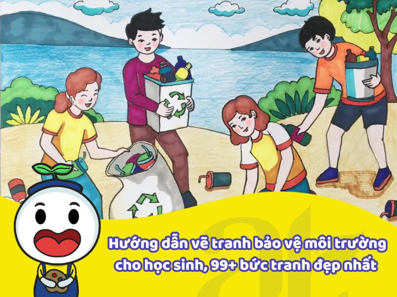 Tranh vẽ học sinh bảo vệ môi trường với hình ảnh em nhỏ đang thu gom rác tại công viên