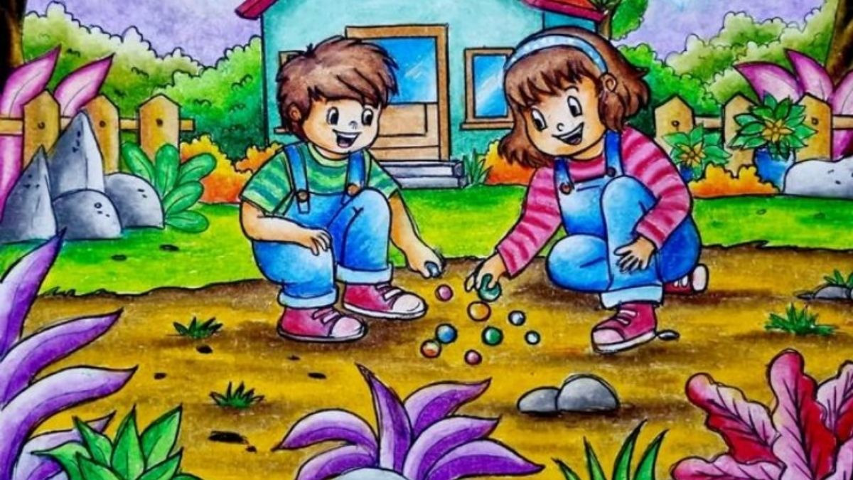 Tranh vẽ học sinh dọn dẹp vệ sinh môi trường, góp phần bảo vệ hành tinh