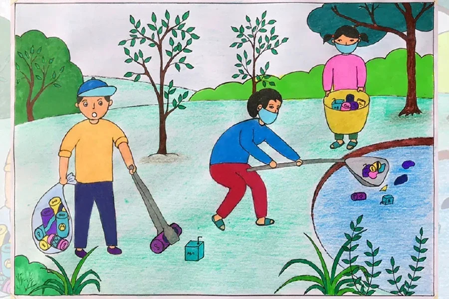Tranh vẽ rác thải nhựa: Cá mắc kẹt trong rác thải nhựa
