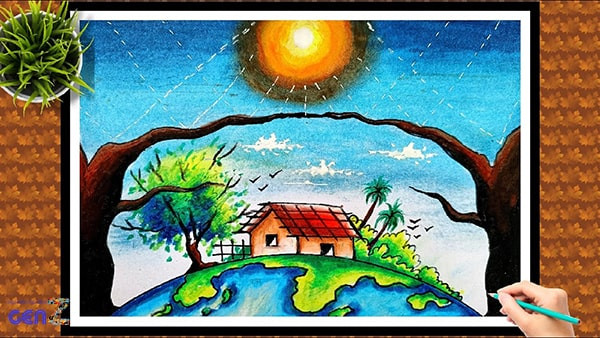 Tranh vẽ trái đất với tầng Ozon được bao bọc, có một phần bị thủng do ô nhiễm
