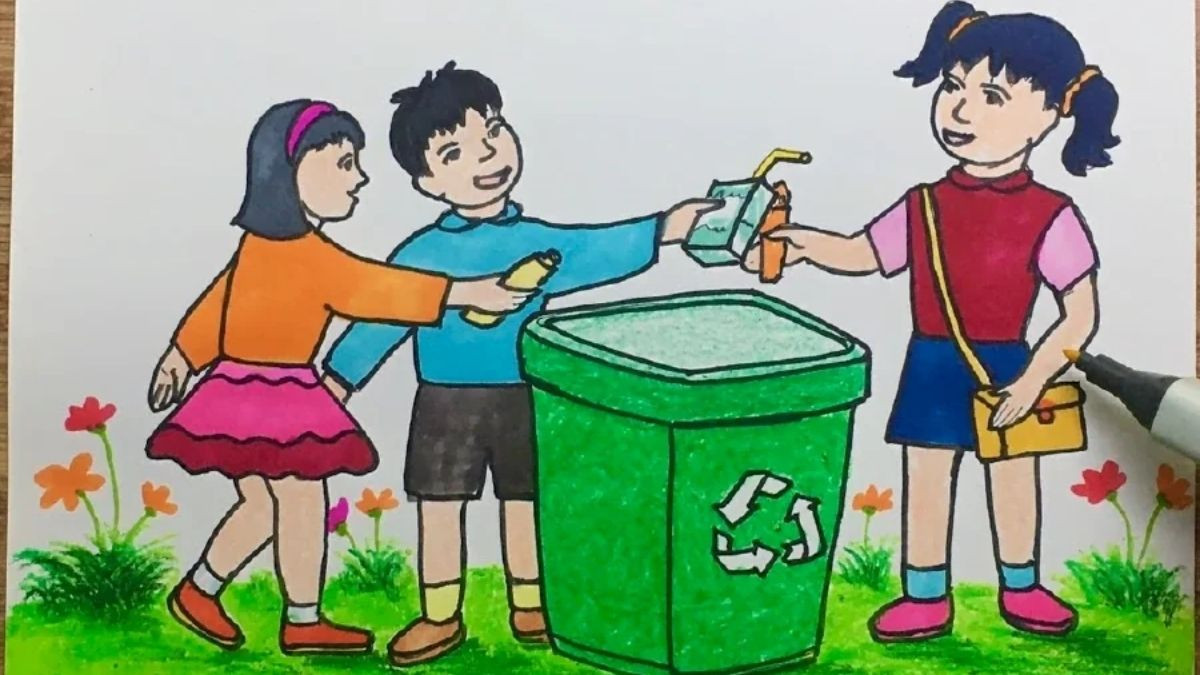 Tranh vẽ tuyên truyền ý thức bảo vệ môi trường xung quanh, với hình ảnh cộng đồng hành động