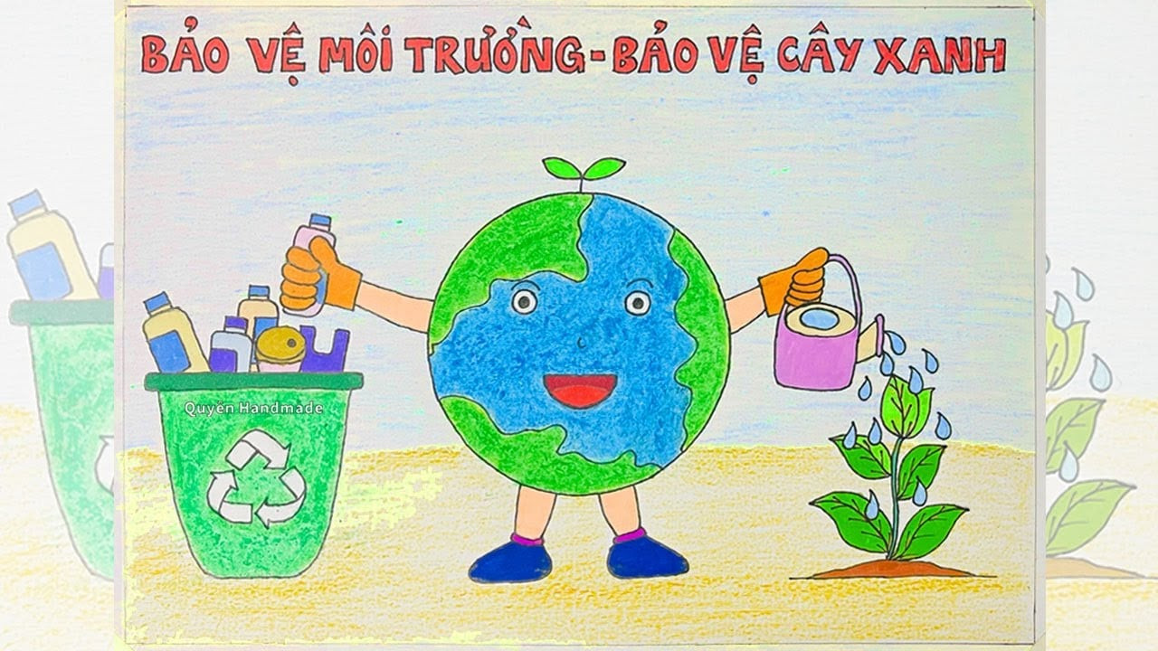 Tranh ý tưởng trẻ thơ bảo vệ môi trường, thể hiện gia đình cùng trồng cây xanh