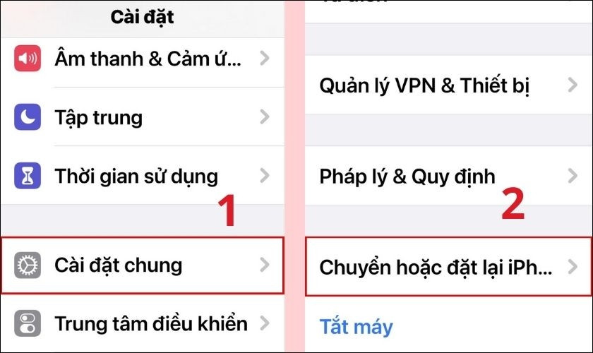 Tùy chọn chuyển hoặc đặt lại iPhone trong cài đặt chung, bước quan trọng để khôi phục dữ liệu từ thùng rác iPhone
