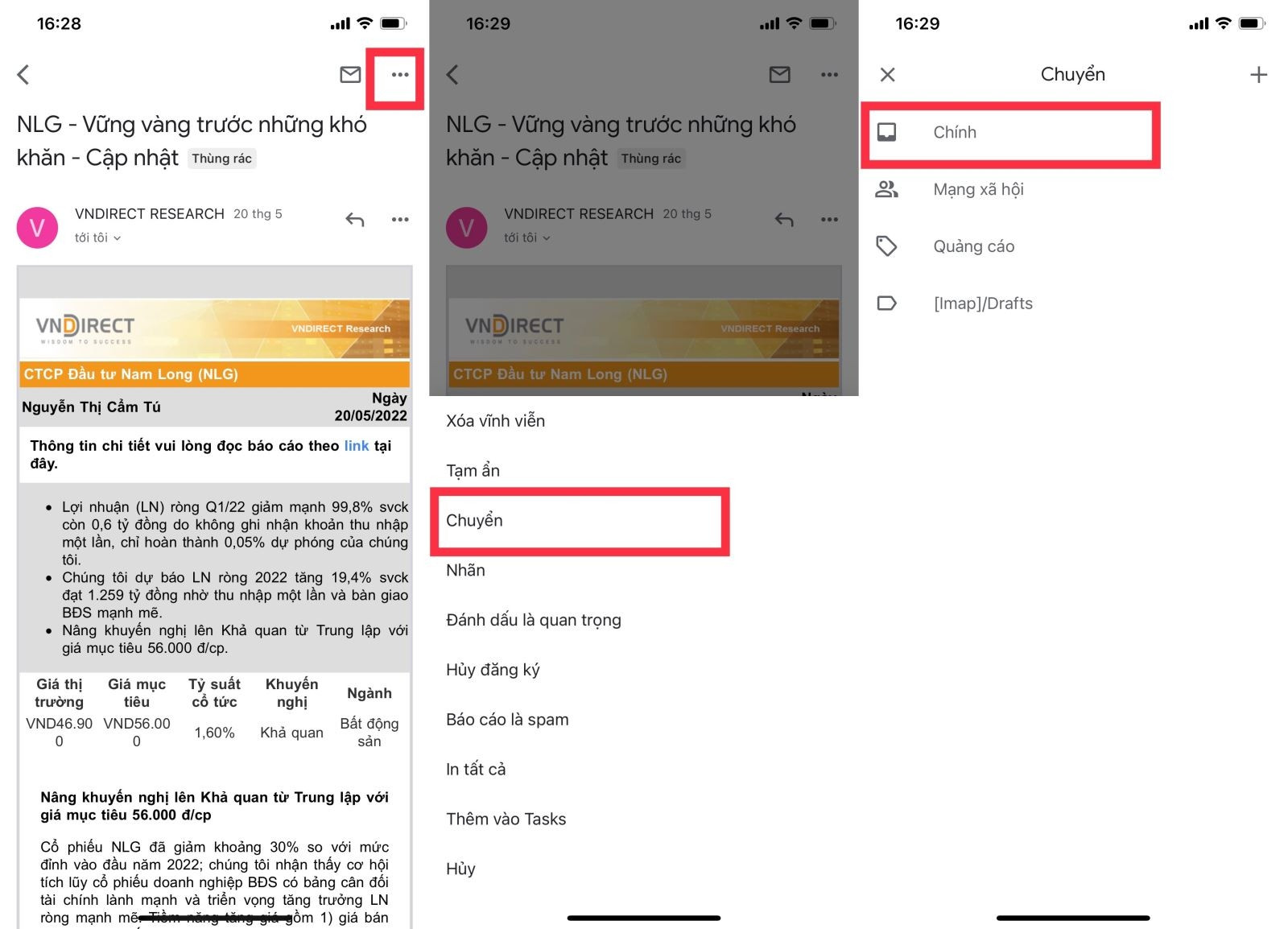 Tùy chọn 'Chuyển' trong ứng dụng Gmail trên điện thoại để di chuyển email từ thùng rác về thư mục gốc, hoàn tất quá trình khôi phục email.