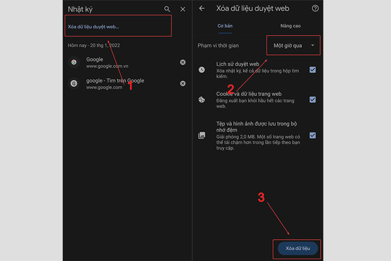 Tùy chọn xóa dữ liệu duyệt web trong Chrome Android, bao gồm phạm vi thời gian và các loại dữ liệu để dọn rác