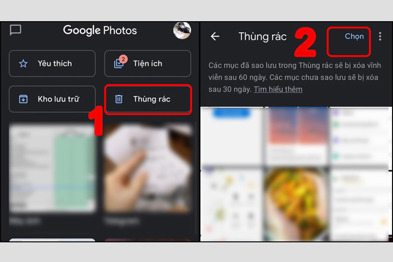 Ứng dụng Google Photos hiển thị mục Thùng rác, nơi người dùng có thể chọn các ảnh để xóa hoặc khôi phục