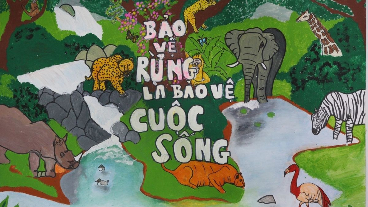 Vẽ tranh bảo vệ động vật môi trường hoang dã đẹp, với hình ảnh chim đậu trên cây