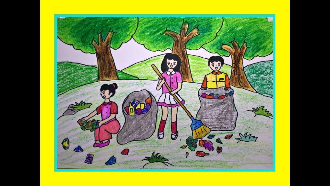 Vẽ tranh bảo vệ môi trường: Hình ảnh học sinh vẽ tranh với chủ đề bảo vệ môi trường, có các chi tiết về cây xanh, nước sạch và không khí trong lành.