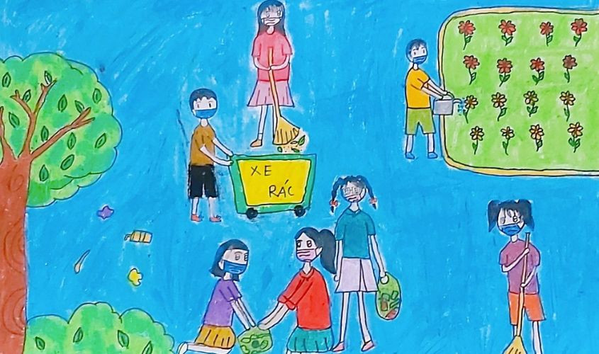Vẽ tranh bảo vệ môi trường với hình ảnh cộng đồng chung tay làm sạch môi trường