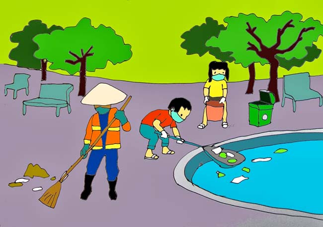 Vẽ tranh bảo vệ môi trường với hình ảnh dọn dẹp rác thải trên sông