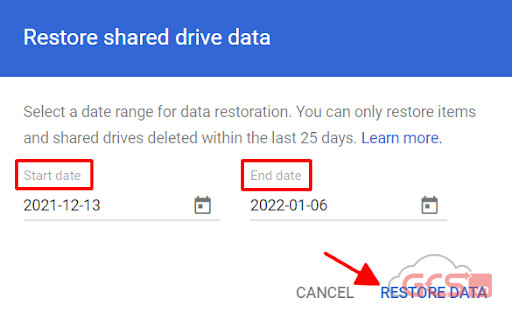 Xác nhận khôi phục dữ liệu từ thùng rác Shared Drive với lựa chọn phạm vi ngày trong Google Workspace