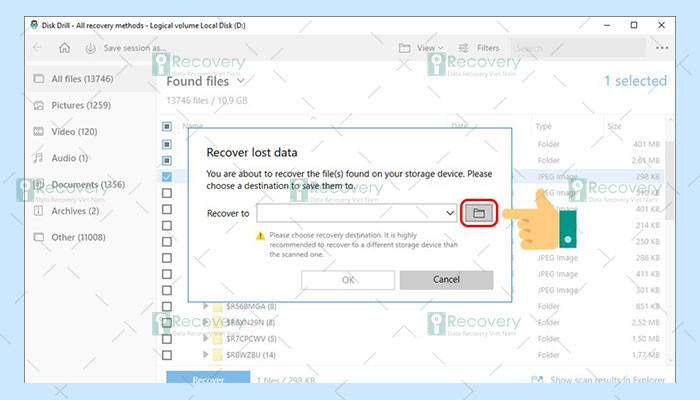Xác nhận và nhấn biểu tượng tập tin để chọn vị trí lưu file khôi phục
