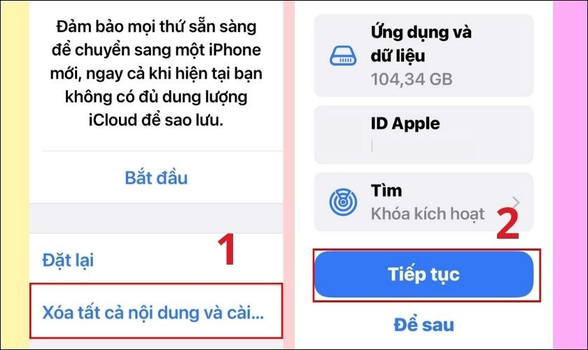 Xác nhận xóa tất cả nội dung và cài đặt trên iPhone để tiến hành khôi phục từ bản sao lưu iCloud