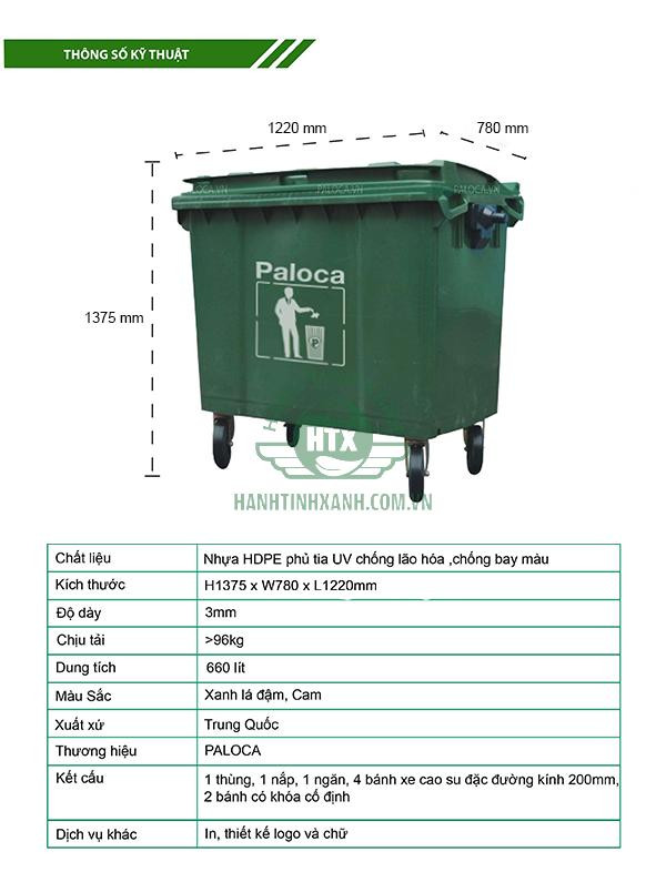Xe đẩy rác nhựa HDPE 660 lít của Paloca, màu xanh lá, thiết kế bánh xe lớn
