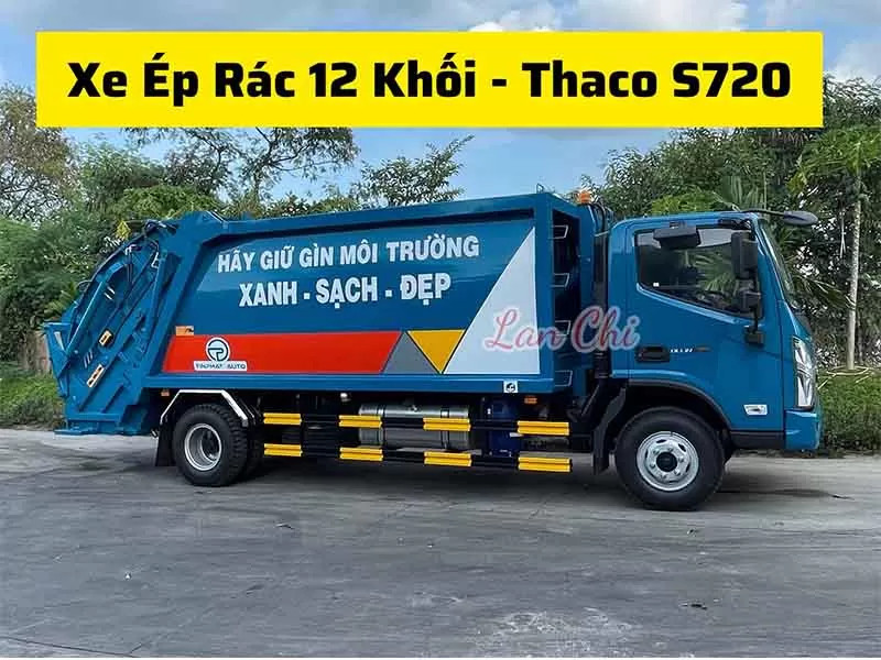 Xe ép rác Thaco 12 khối S720 hiện đại, sẵn sàng vận hành, minh họa sự đáng tin cậy của xe mới