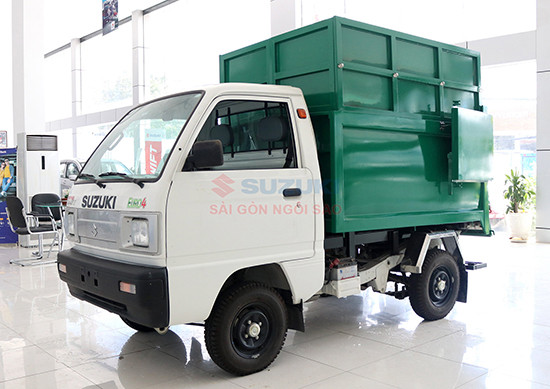 Xe rác chuyên dụng cỡ nhỏ Suzuki với thùng ben tự đổ